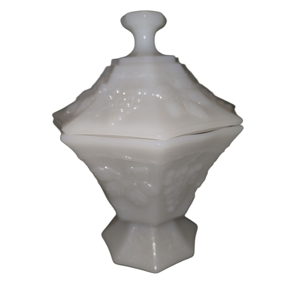 Vintage Ancho Hocking Milk Glass Candy Dish Octagon Grape Vine Embossed